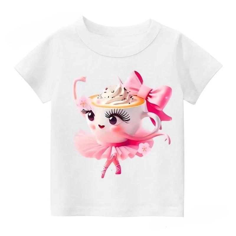 Summer Italian Brainrot Cotton Girls T-shirt Cute Ballerina Cappuccino Print Baby Tees Tops Casual Fashion Kid Children Clothes