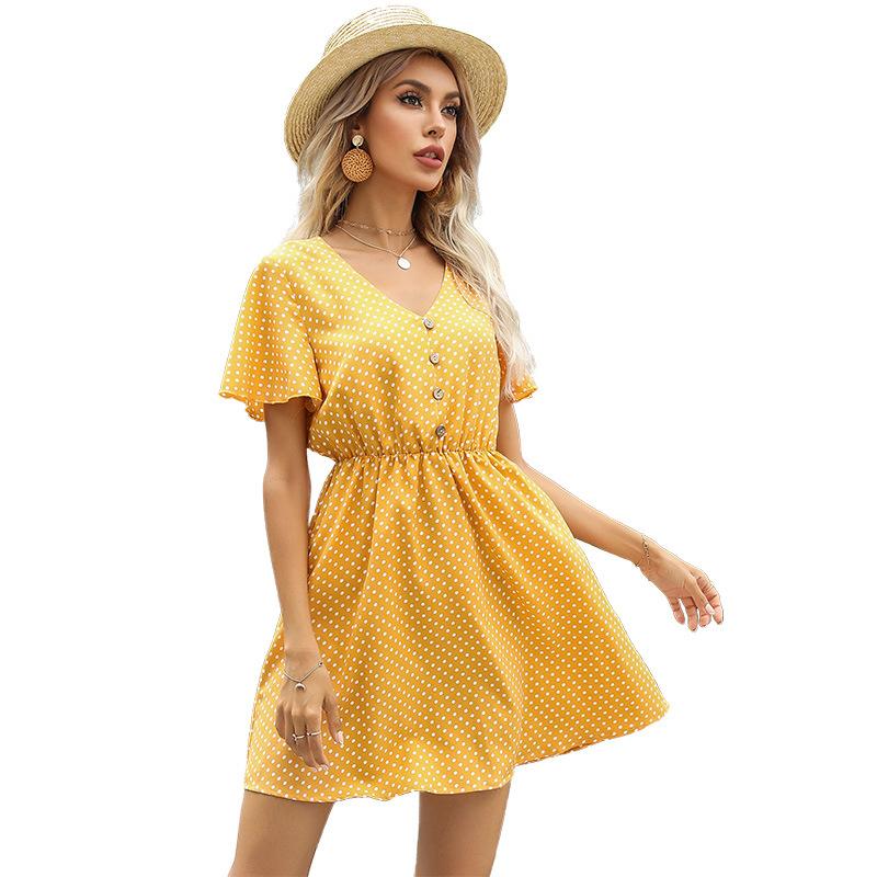 Summer yellow polka dot skirt short waist slim v-neck dress