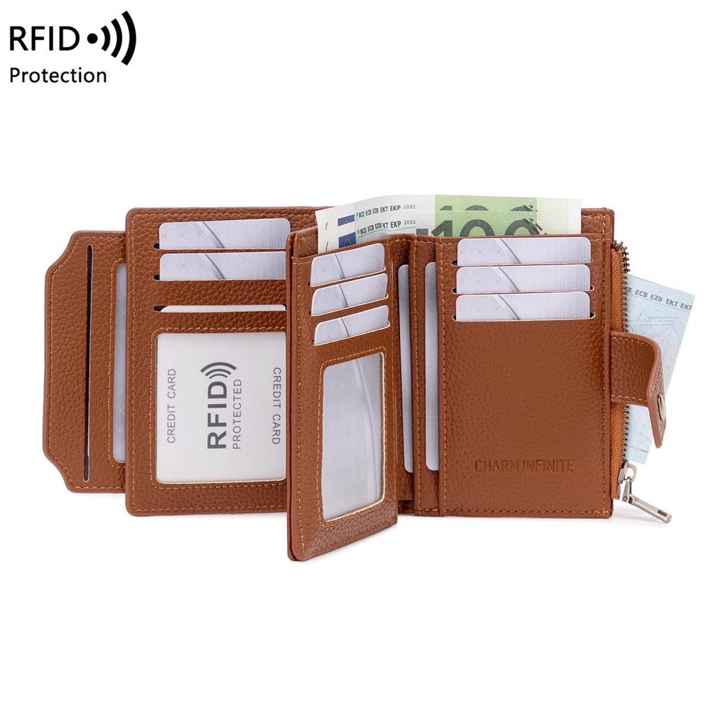 Women's RFID Soft Leather Short Wallet - Lychee Pattern, Zipper Closure, Card Holder, Fashionable Design