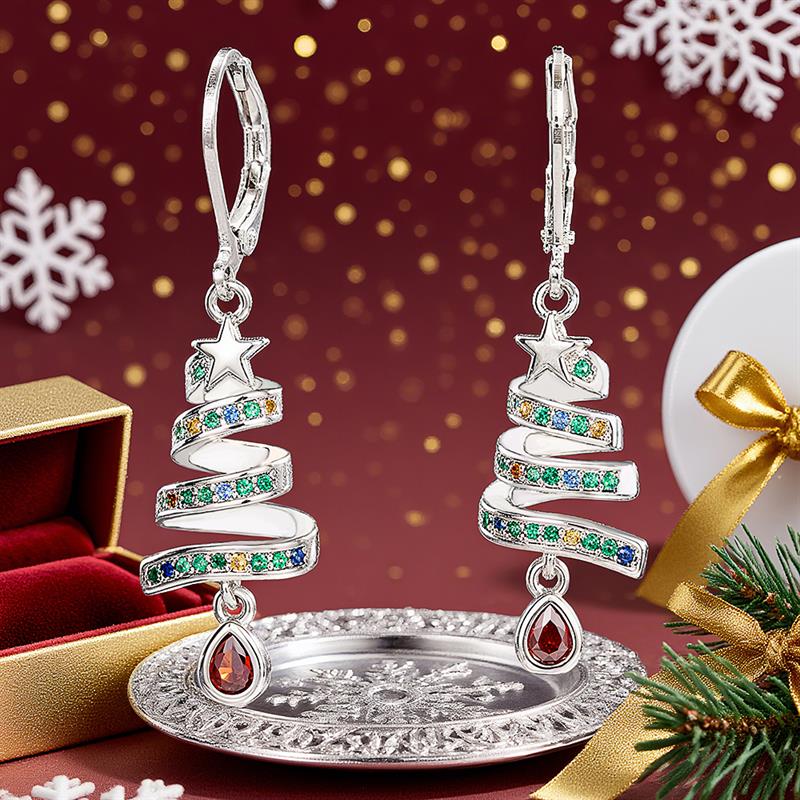 Huitan Women Elegant Christmas Tree Drop Earrings Winter Festival Lady Charming Accessories Inlaid Shiny CZ Chic Jewelry Gift