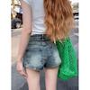 Women's High Waist Elastic Denim Shorts - Irregular Slanted Hem, Petite Fit, Casual Versatile Summer Hot Pants