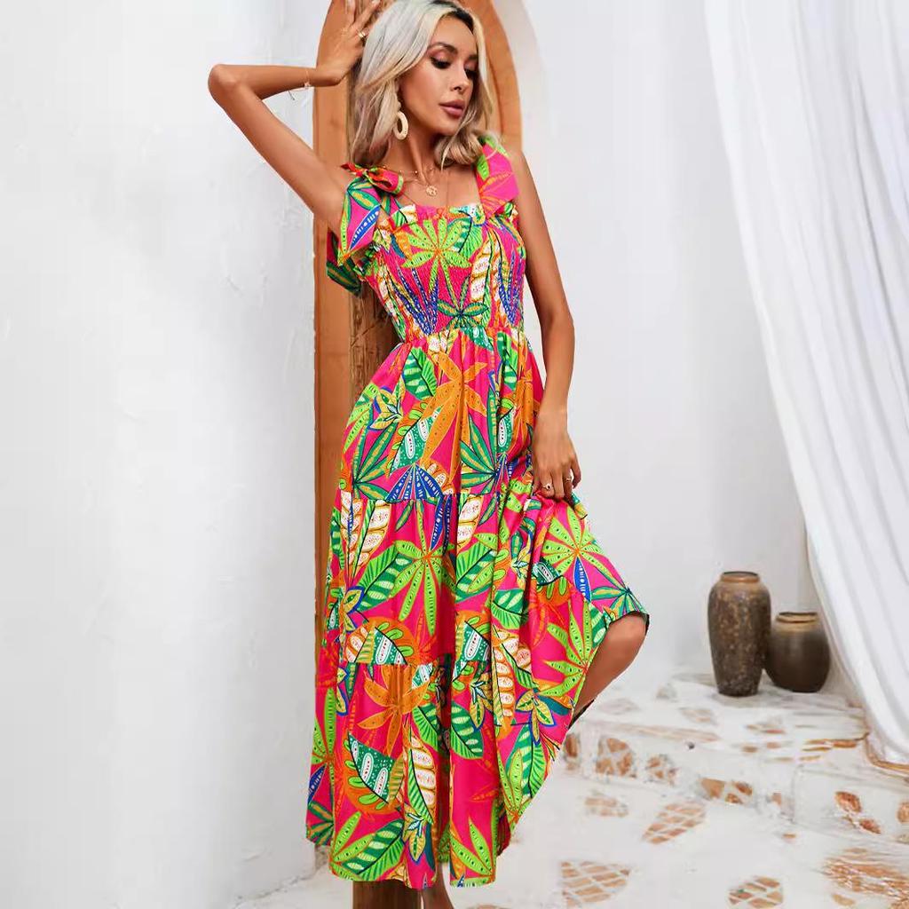 Vestido con cordones de cintura alta y manga estampada étnica de verano para mujer