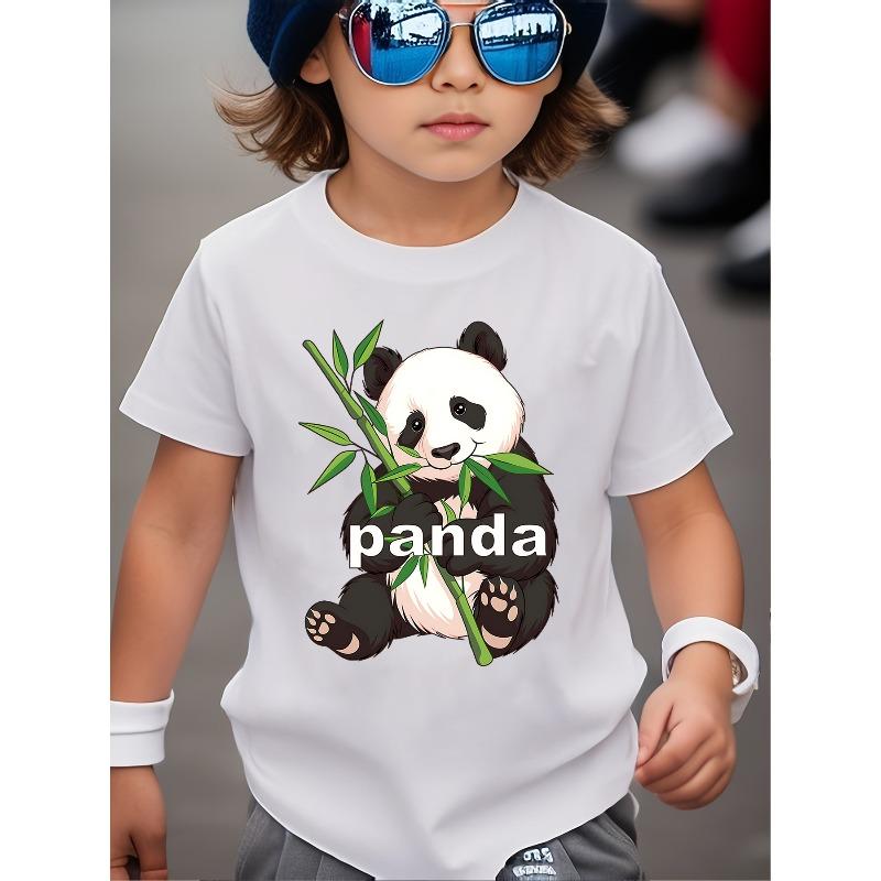 European Size Boys Round Neck Short Sleeved Shirt with Panda Cartoon Pattern
