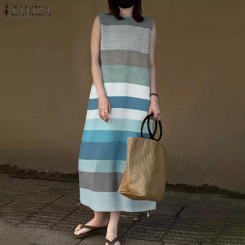ZANZEA Womens Summer Round Neck Stripe Sleeveless Dress