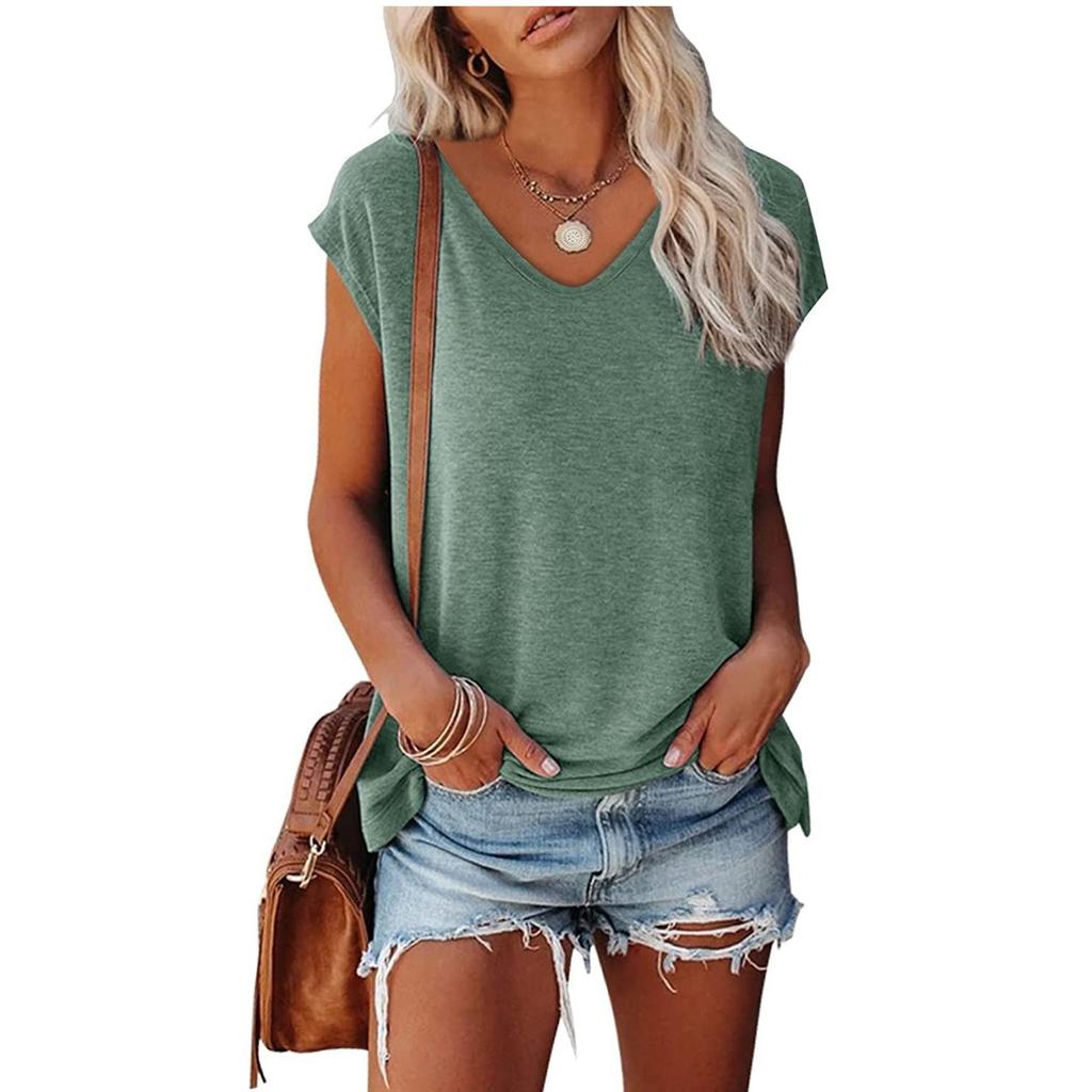 Womens' Fashionable And Casual Solid-color Basic V-neck Short-sleeved Top