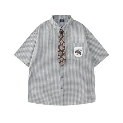 American Retro Tie Accessories Puppy Patch Plaid Short-sleeved Shirt Summer Loose Casual Lapel Shirt Men and Women