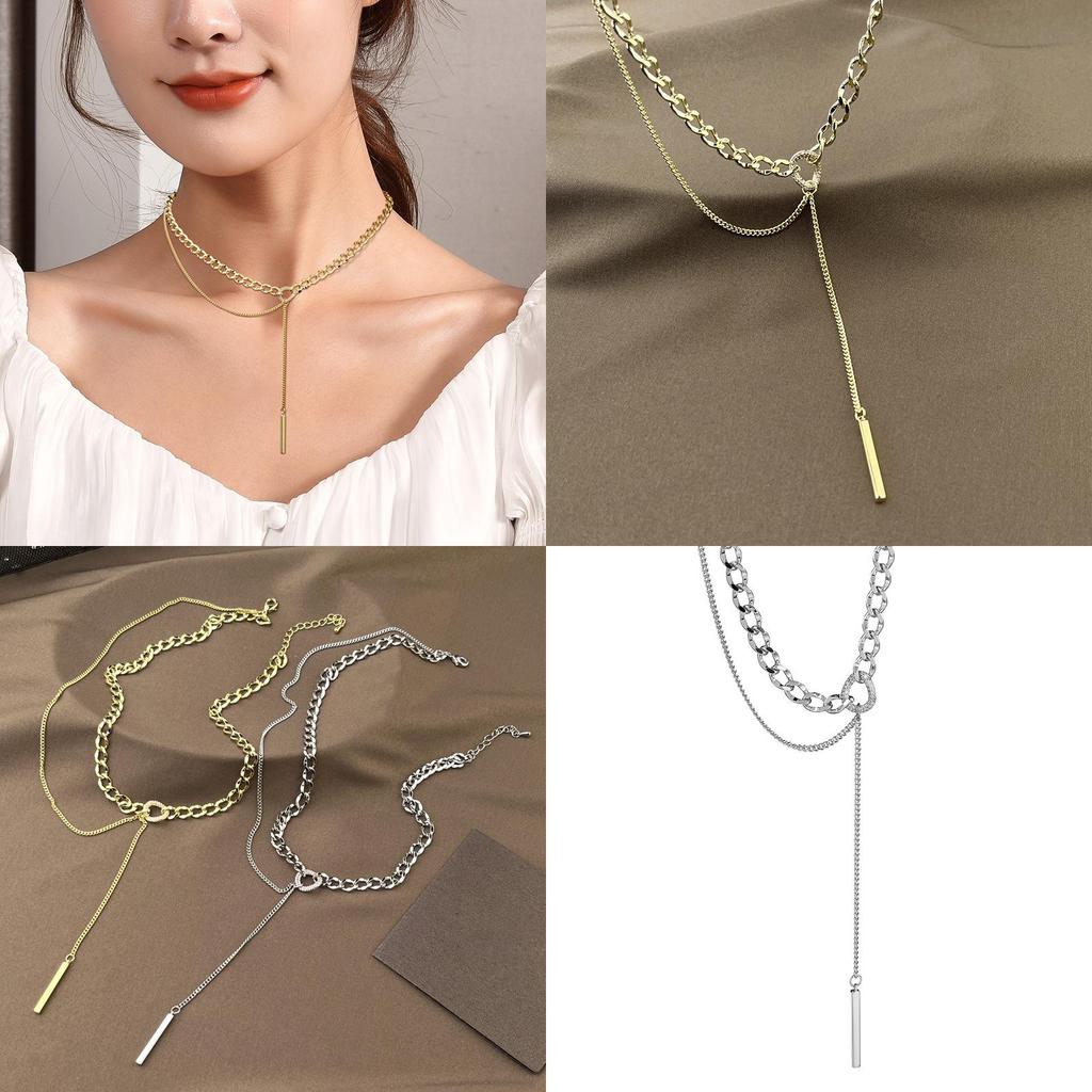 Stylish Geometric Titanium Steel Layered Chain Necklace For Women With Elegant Tassels