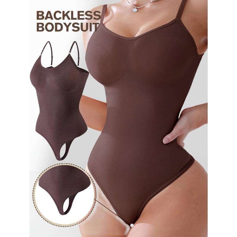 

Elegant Solid Color Backless Bodysuit for Women High Support Tummy Control Slimming Design Nylon-Elastane Blend S коричневий