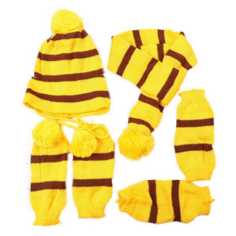 Pet Winter Warmth Set: Knitted Hat Scarf Paw Covers Small Dogs Cats Rainbow Pink Brown Yellow