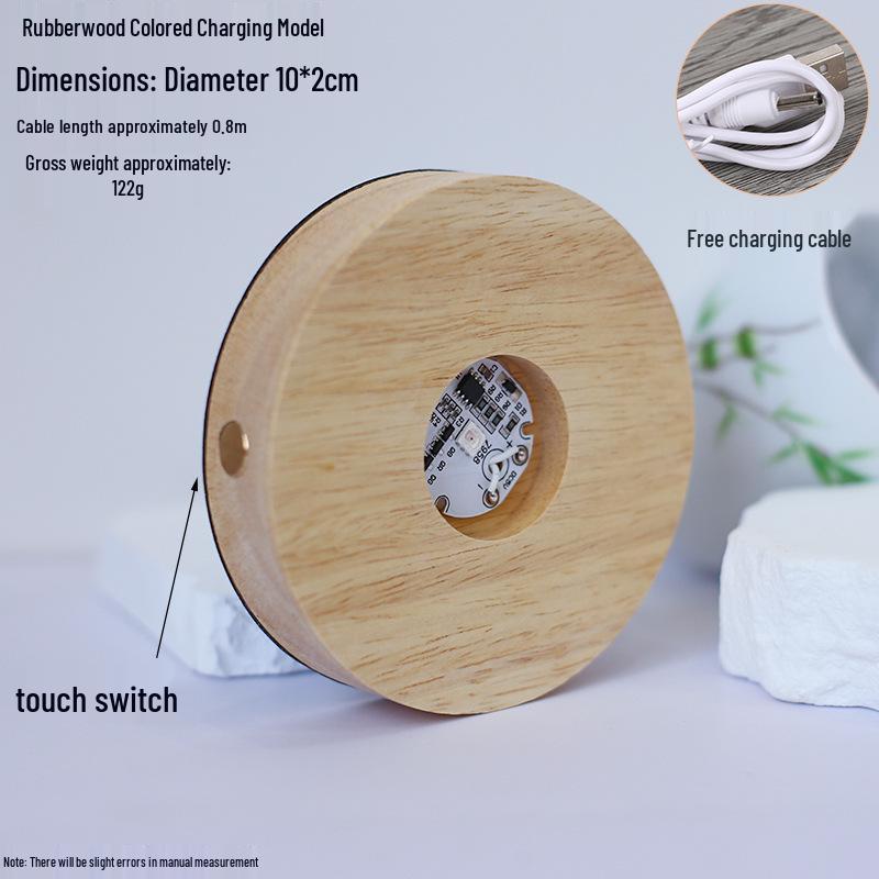 Round LED Night Light with Luminous Crystal Ball and Wooden Base for Bedroom