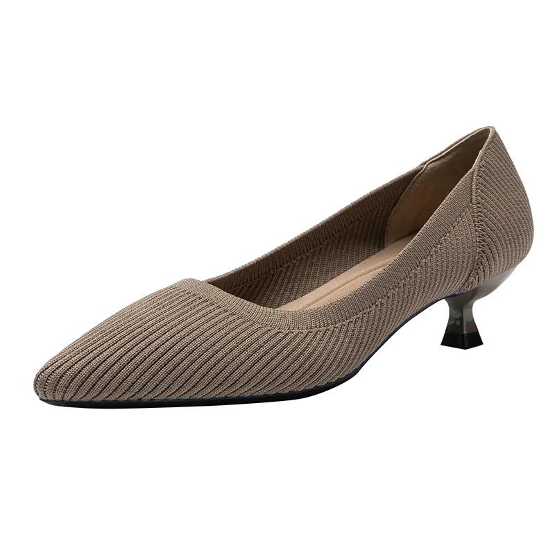 Pointed Toe Solid Color Stretch Knitted Shoes Pumps Slip On Sole Low Heels Breathable Loafers Women Mesh Shallow Sock Shoes