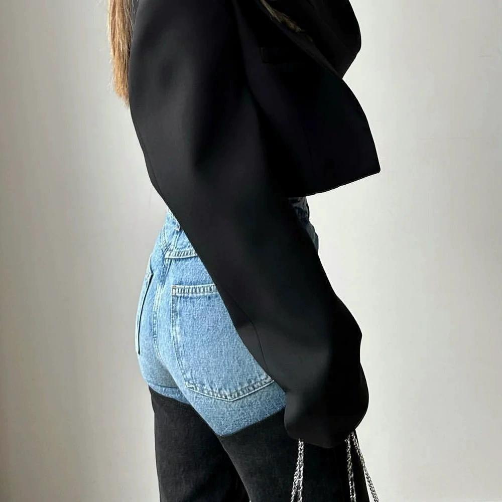 Streetwear Vintage Spliced Slim Jeans Women Y2K Fashion High Waist Straight Denim Pants Casual Distressed Washed Jeans