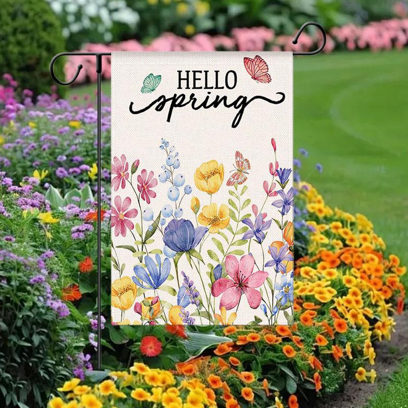 Floral Welcome Garden Flag Double Sided Spring Outdoor Decorative Linen Yard Banner with Letter Print for Porch and Patio