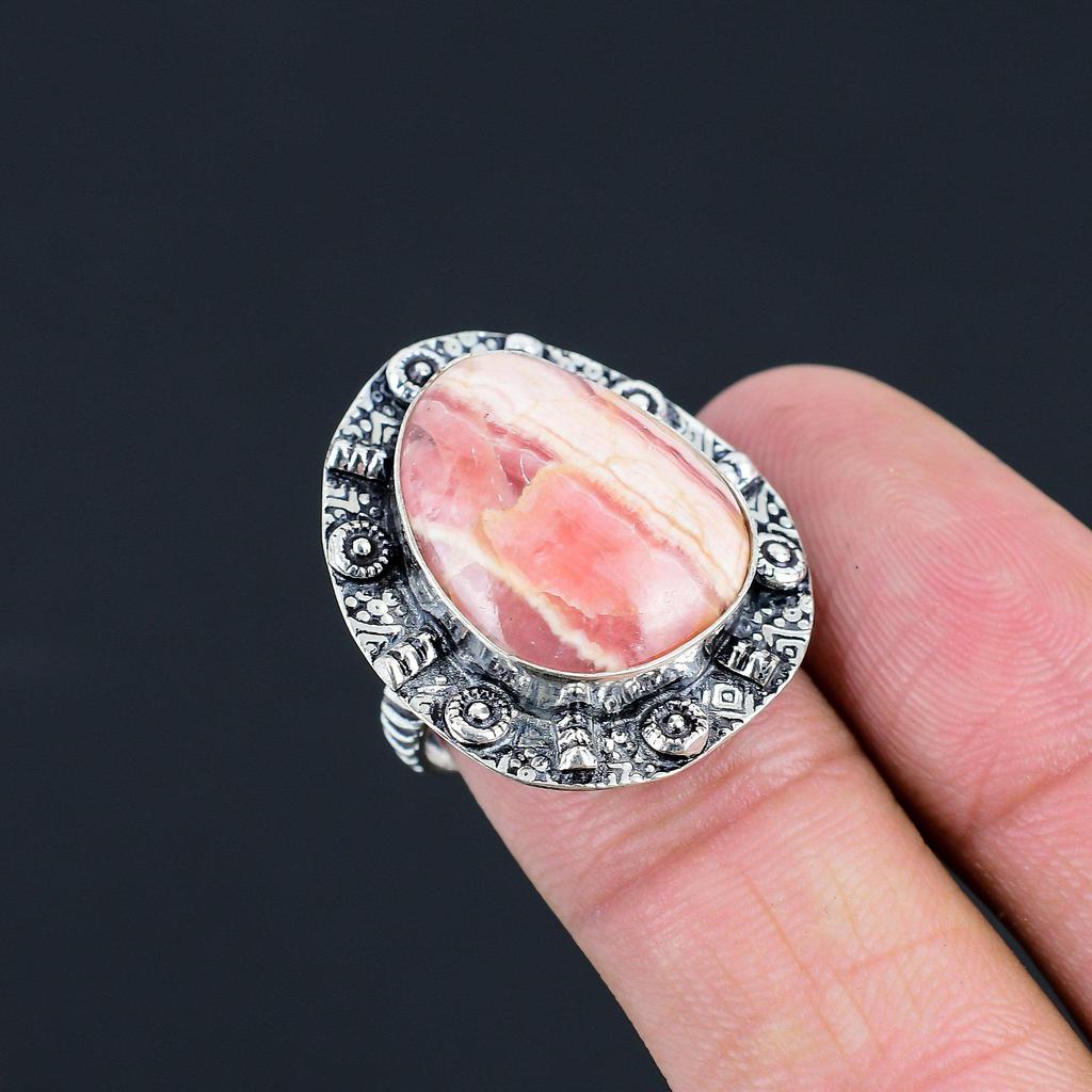Wedding Gift For Her 925 Silver Natural Rhodochrosite Promise Ring Size 8