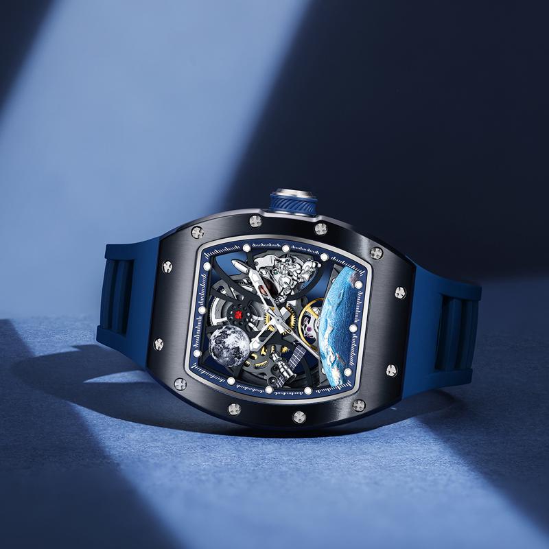 2026 Luxury Automatic Skeleton Men's Watch Montre Homme Automatique Vogue Blue Dial Silicone Strap Fashion Mechanical Watches