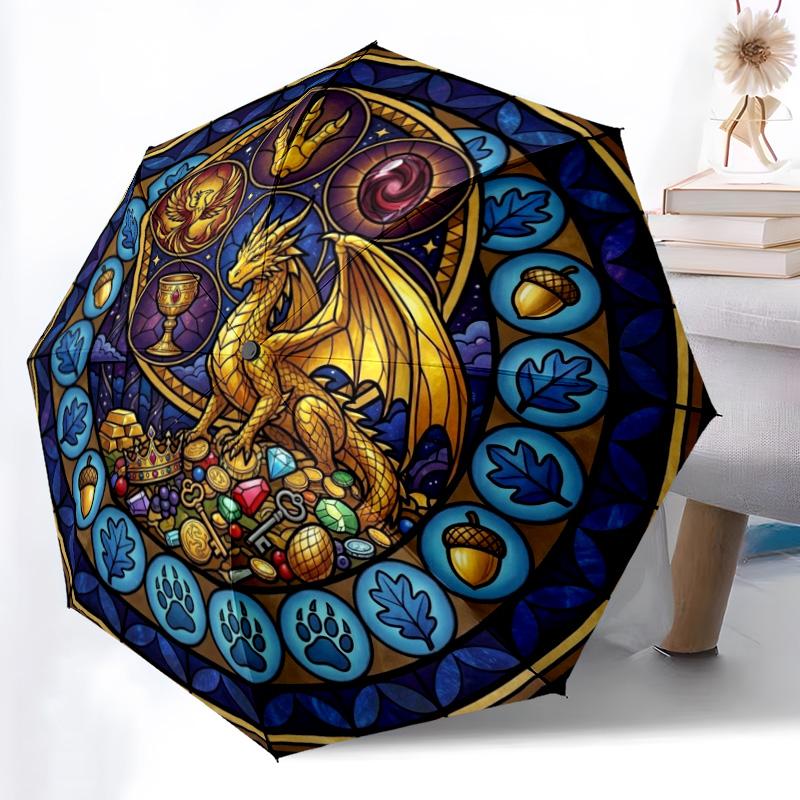 Golden Dragons Treasure pattern umbrella, portable and foldable design, 8 ribs, a casual accessory for Halloween, Christmas, and birthday gifts.