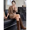 7689 French Fashion Set: Cozy Autumn/Winter Color Block Knit Two-Piece Top & Skirt