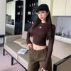 2025 Autumn/Winter Retro Cross Long Sleeve Round Neck Cropped Slimming Women's T-shirt