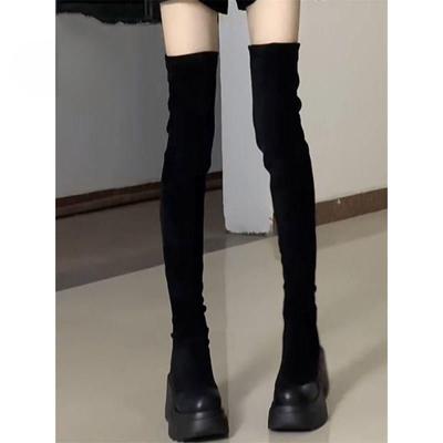 Botas Acima do Joelho com Sola Plataforma Femininas Botas que Aumentam a Altura Sola Grossa Camurça Elásticas Botas de Cavaleiro Super Altas ins Maré