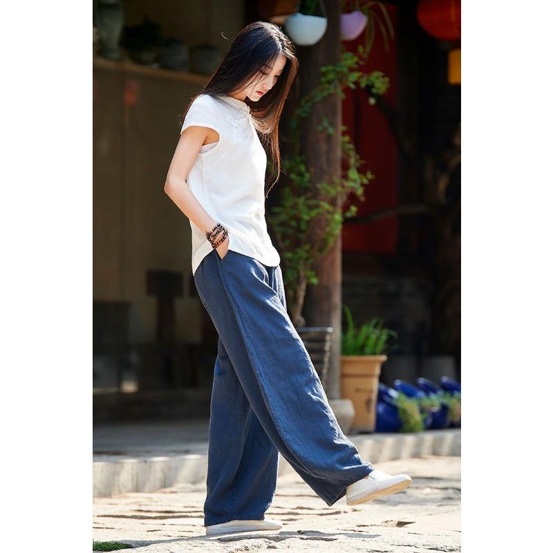 Summer Women Cotton Casual Pants Elastic High Waist Loose Wide Leg Trousers With Pockets