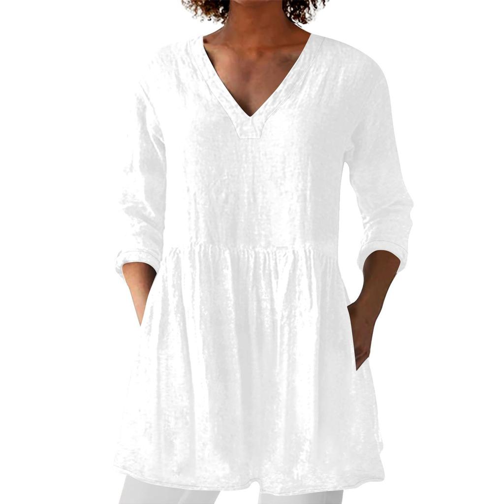 Women's Fashion Solid Color V Neck 3/4 Sleeve Pocket Casual Loose Fit Pullover Shirt Top