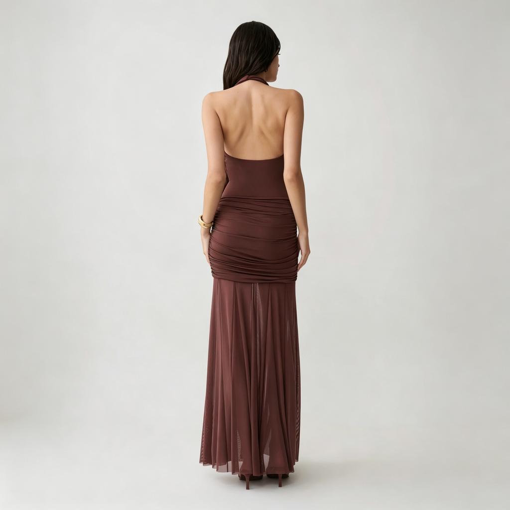 Women's clothing fashion design backless swing neck hip skirt mesh stitching pleated European and American style neck dress