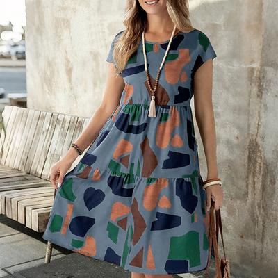 Women Summer Short Sleeve Round Collar Color Block Printed One Piece Dress