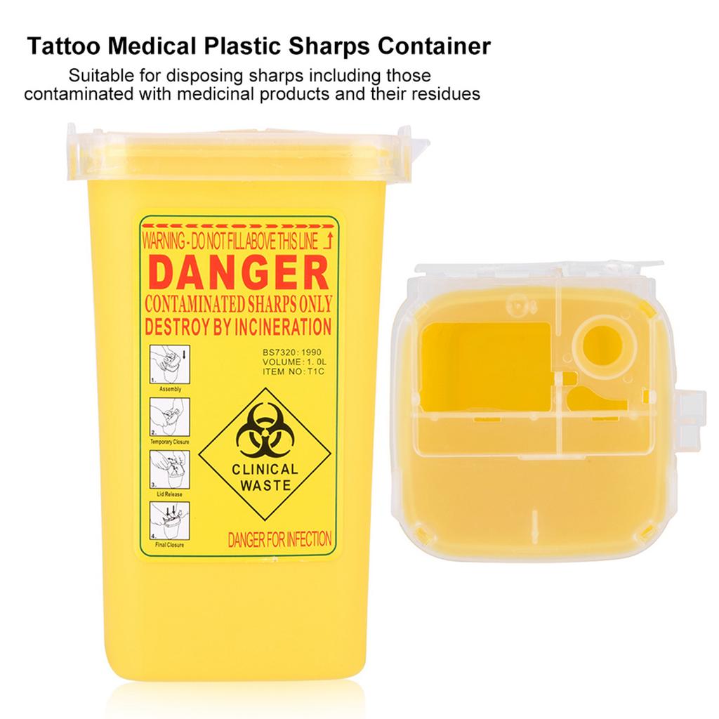 Tattoo Medical Plastic Sharps Container Biohazard Needle Disposal 1L Size Waste Box Yellow