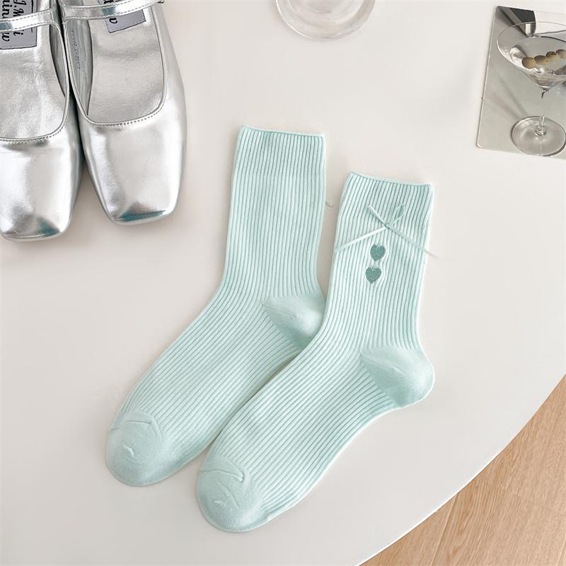 

Женские весенне-осенние носки-гольфы в цветную полоску с вышивкой в виде банта 1 pair цвет морской волны