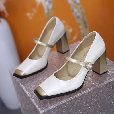 Fashion Fashionable Spring and Autumn Mary Janes Women's High-heeled Shoes with Color Matching Thick Heel Square Toe Women's Shoes