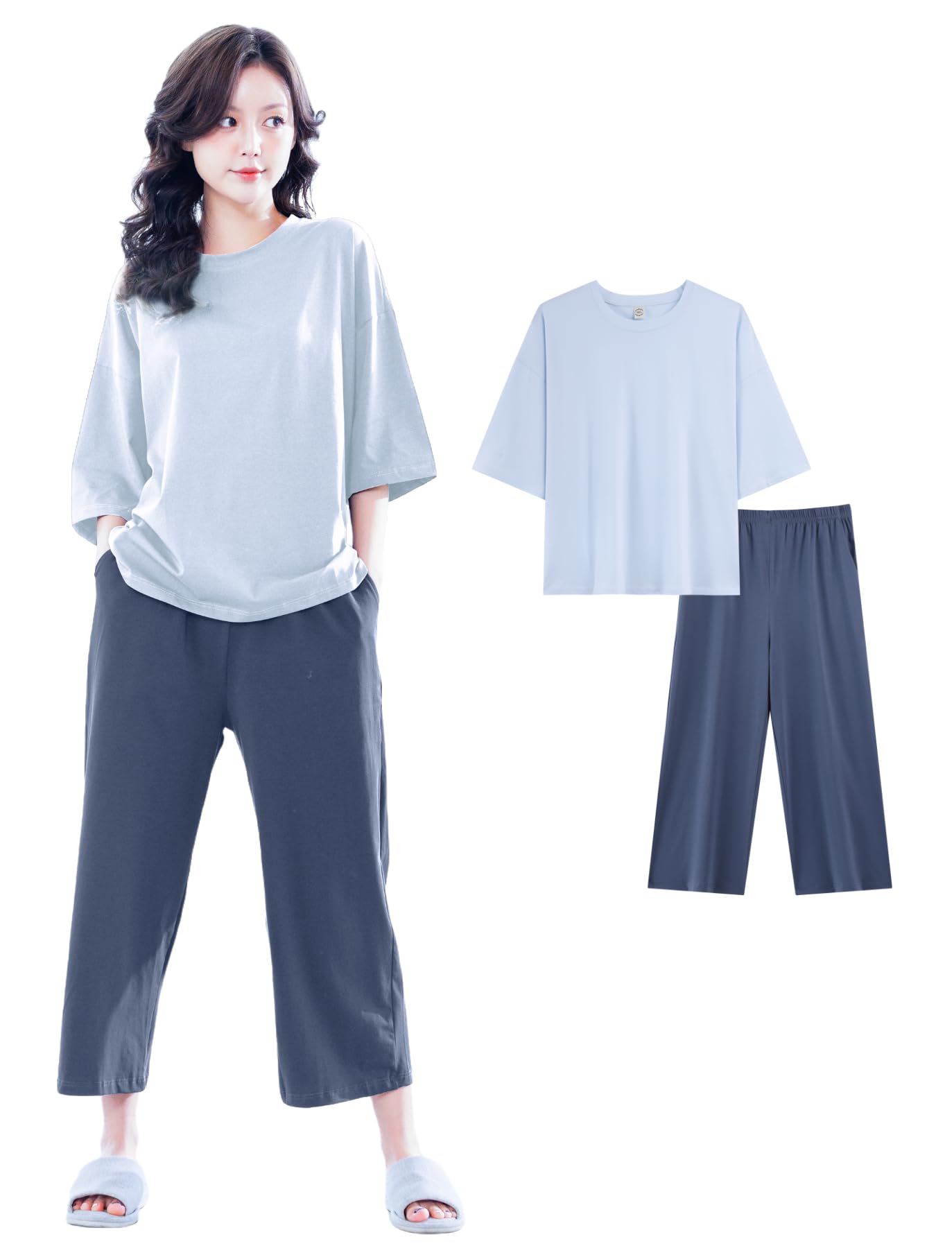 

Beatgos Summer Loungewear Loose Cute Light Blue Women s Pajamas, 3/4 Length, Fit, (DZ01, L, & Wisteria)