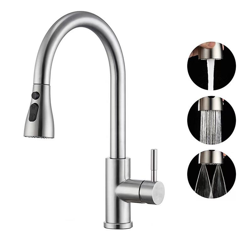 304 Stainless Steel Pull-Out Kitchen Faucet with Splash-Proof, Hot & Cold Features and Vegetable Washing Basin.