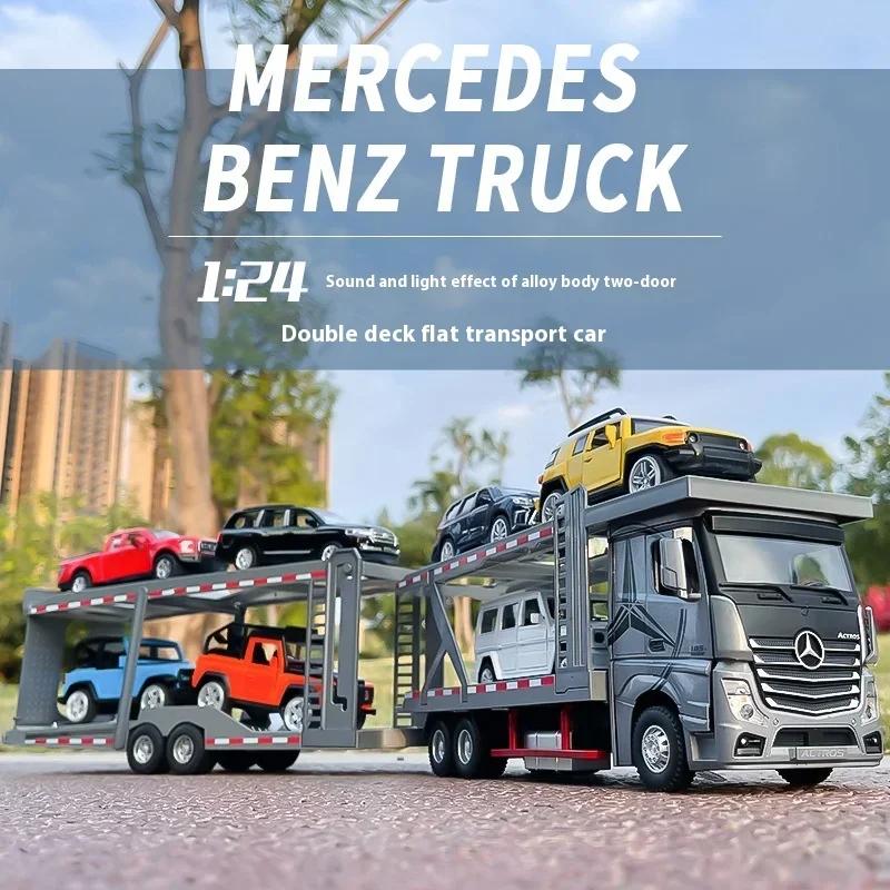 1:24 Mercedes Benz Double Decker Flatbed Transport Vehicle Alloy Diecast Metal Car Model Sound And Light Science Education Serie