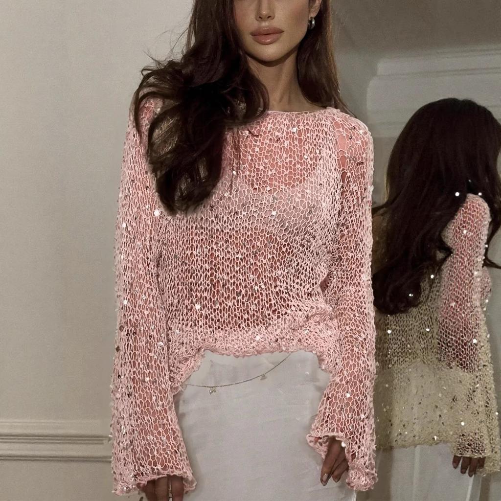 Manufacturer 2026 Loose Sexy Spice Girl Wool Sequined Top Long Sleeve Hollow Pullover Knitted Sweater