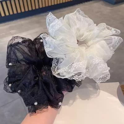 Fabric Lace Pearl Large Intestine Hair Band Women's French Fashion Versatile Head Flower Temperament Headgear Hair Accessories High Sense