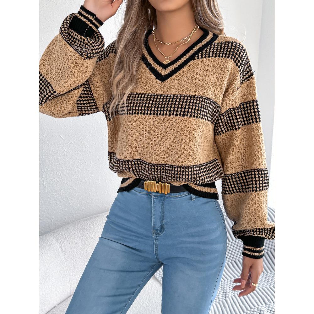 Damen V-Ausschnitt farblich abgesetzter gestreifter Pullover mit Glockenärmeln