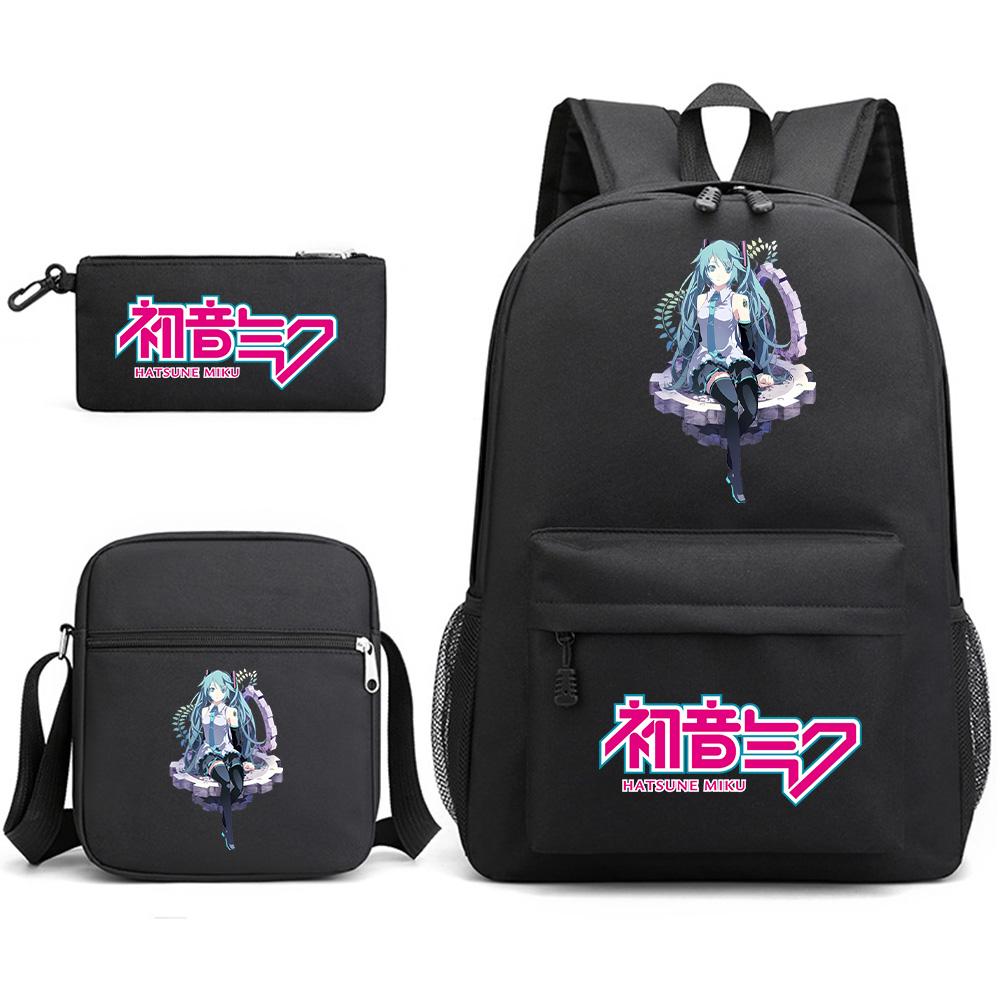 3Pcs/set Anime Cartoon Hatsune Miku Printed Backpack with Shoulder Bag Pencil Case for Teenager Student Boy Girl Large Capacity Waterproof School Bag