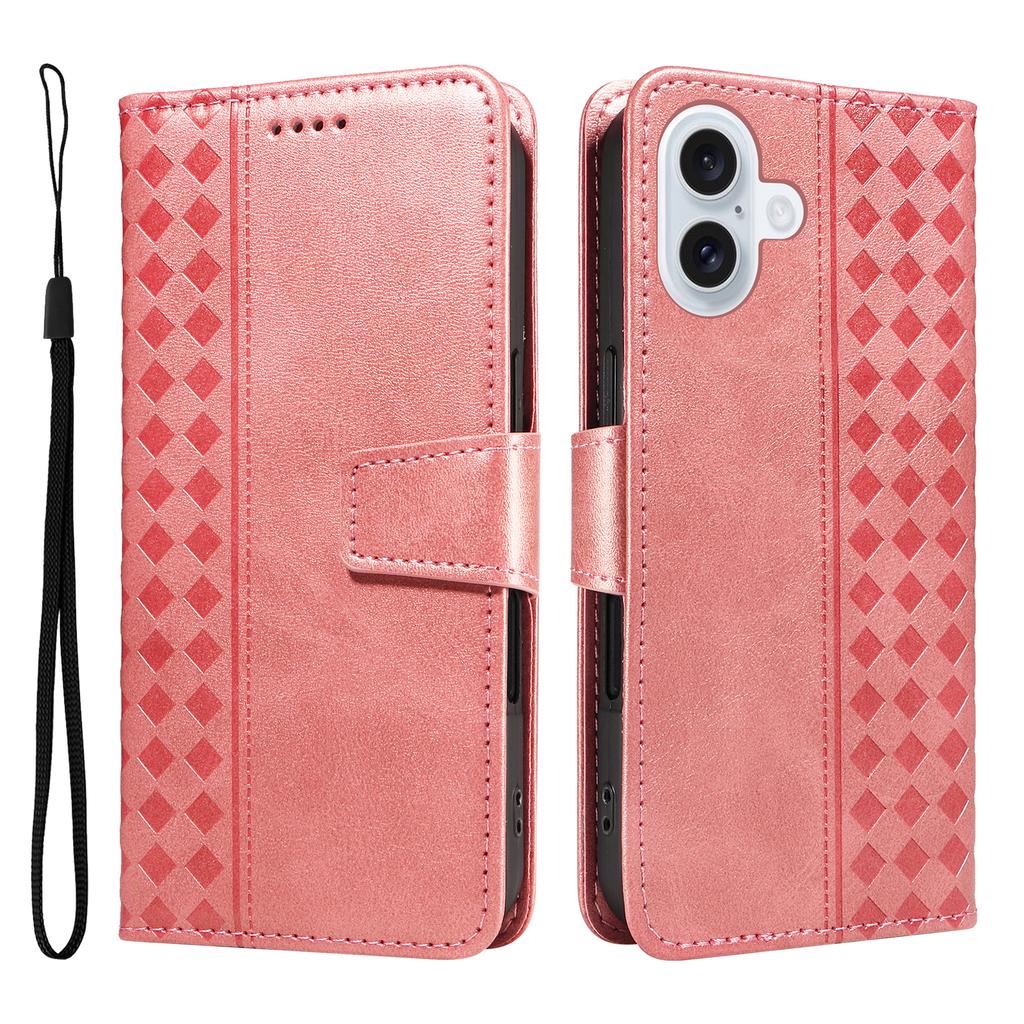 For iPhone 17 Leather Case Wallet Stand Grids Imprinted Phone Cover with Strap
