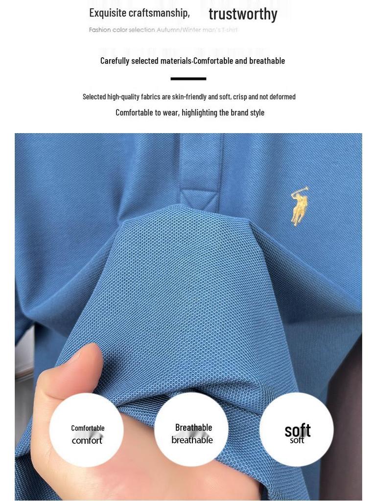 Men's 100% Mercerized Cotton Polo Shirt with Turn-Down Collar – Summer, Short Sleeve, High-End Style