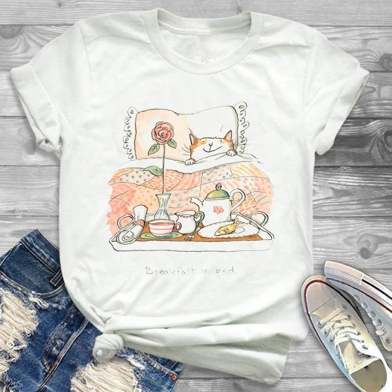 Lovely Style Pet Print T-Shirt Crew Neck Casual Short Sleeve T-Shirt Spring Summer Women's Clothing Fashion Simple Short Sleeve