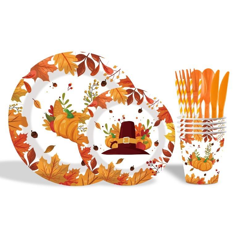 10-20Pcs Thanksgiving Paper Plates Napkins Cups Straw Turkey Pumpkin Fall Harvest Party Decorating Supplies Disposable Tableware