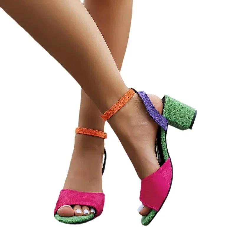 Fashion 2025 European and American colored plus size high-heeled sandals for women 2025 new round toe fashionable thick heel sandals