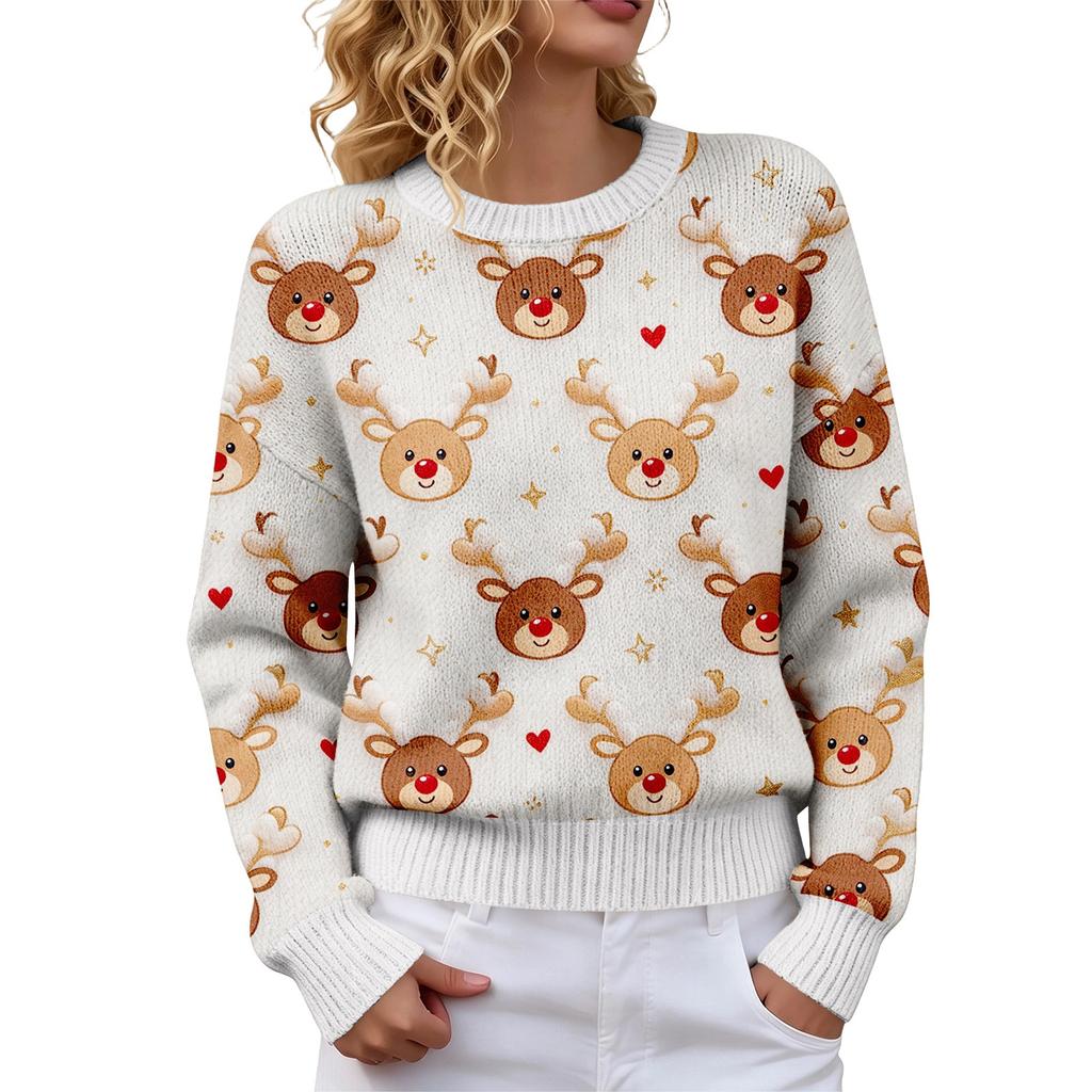 Women's Christmas Print Crewneck Long Sleeve Sweater for Fall Winter Casual Wear