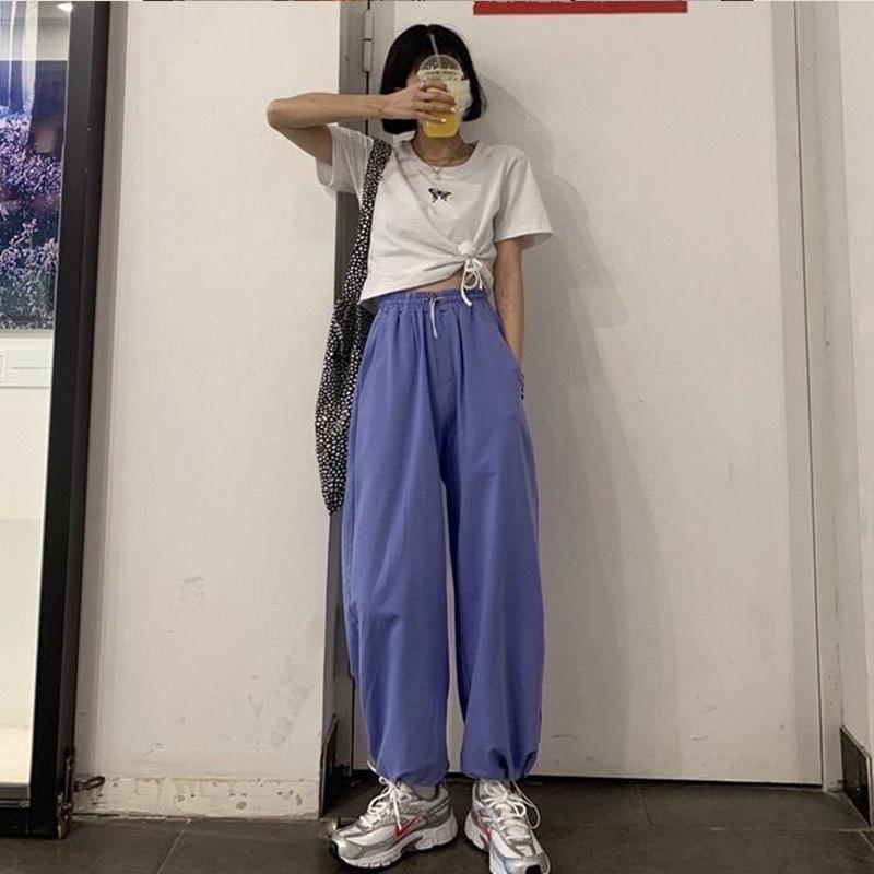 

Sports casual pants women s autumn new high-waisted tied feet nine-point pants women s Korean version loose wide-leg pants children XXL фіолетовий