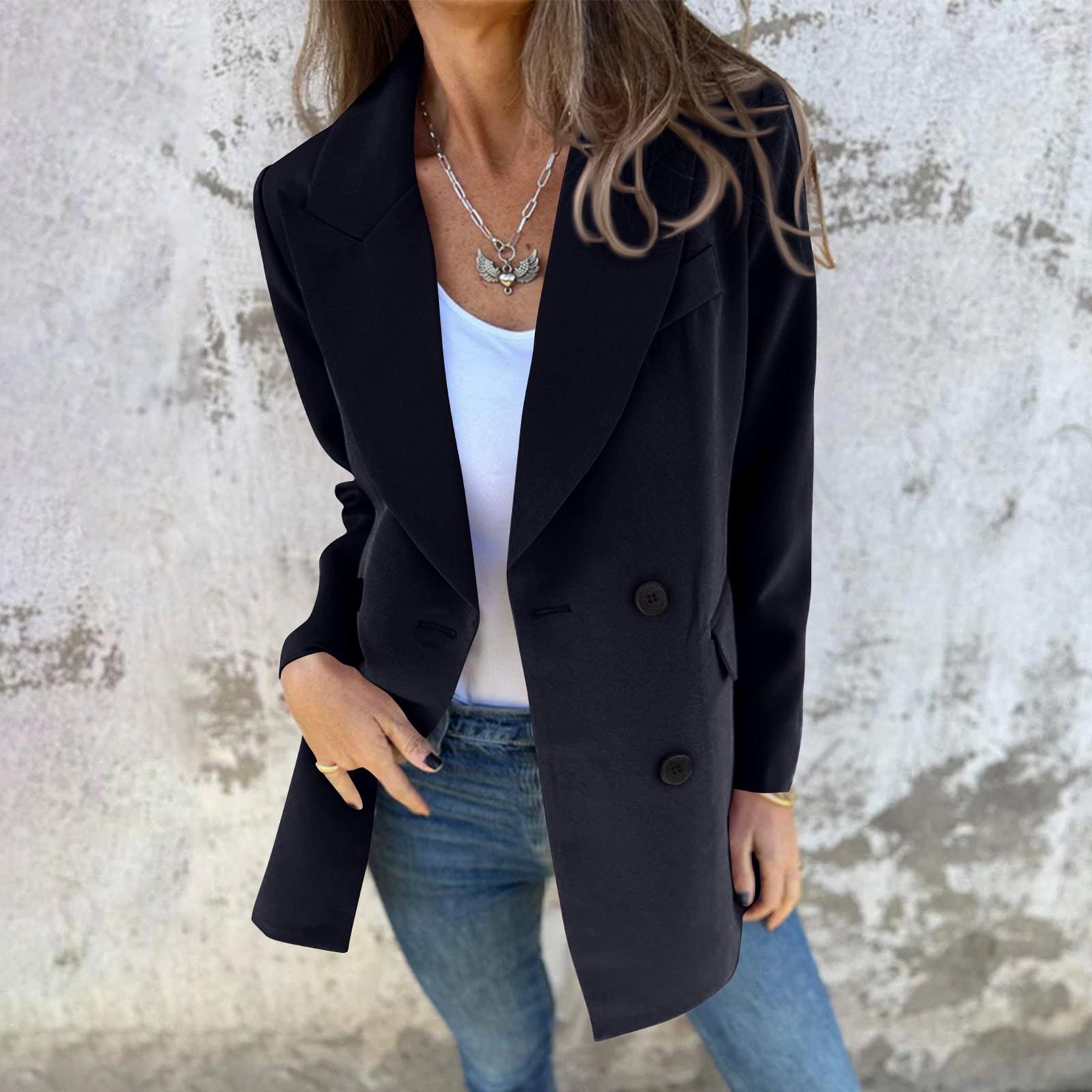

Женский повседневный модный однотонный двубортный пиджак с длинными рукавами и пуговицами L чёрный