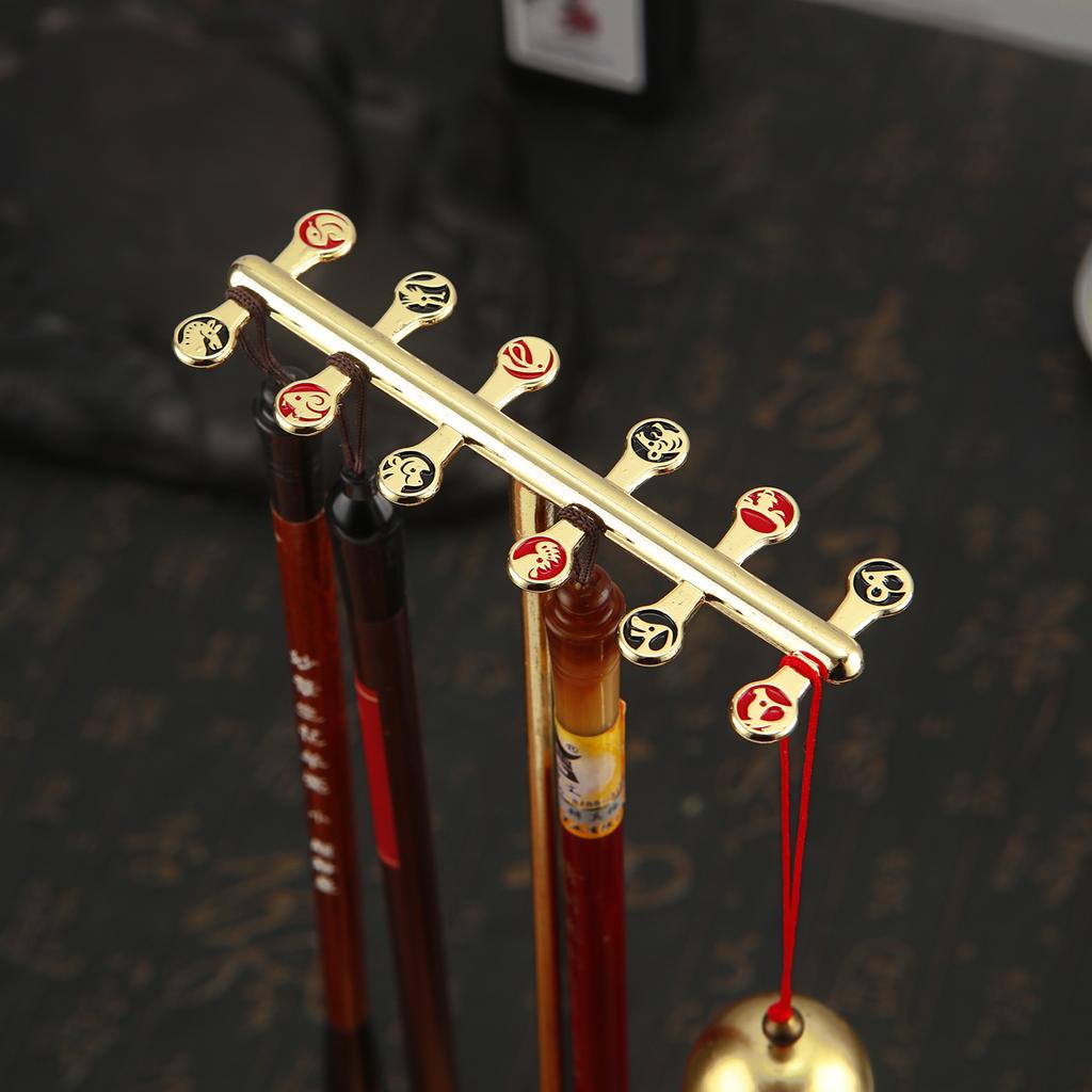 Chinese Zodiac Brush Pen Holder with Beechwood Base Calligraphy Rest Ink Hanger 12 Hooks Writing Brush Holder School Stationery