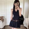 Spice Girl Sleeveless V-neck Neck Striped Dress Women's Summer Pleated Skirt Backless Short Skirt Pure Desire Spice Girl a Word Skirt