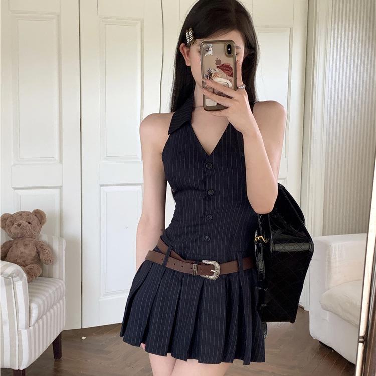 Spice Girl Sleeveless V-neck Neck Striped Dress Women's Summer Pleated Skirt Backless Short Skirt Pure Desire Spice Girl a Word Skirt