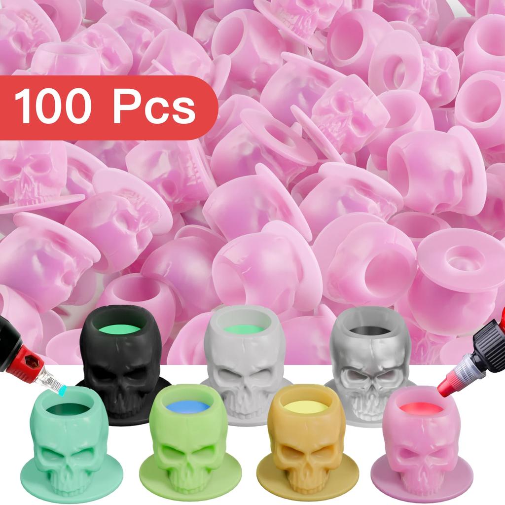 100PCS Tattoo Ink Cup Skull Disposable Silicone Tape Base Plastic Permanent Makeup Tattoo Pigment Cup Tattoo Accessories
