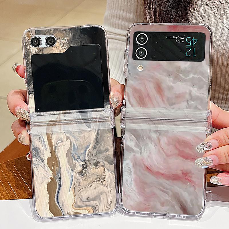 Ink Marble Pattern Clear Phone Case For Samsung Galaxy Z Flip5 Flip7 Flip6 Folding Hard Cover For Samsung Z Flip 7 6 5 4 3 5G